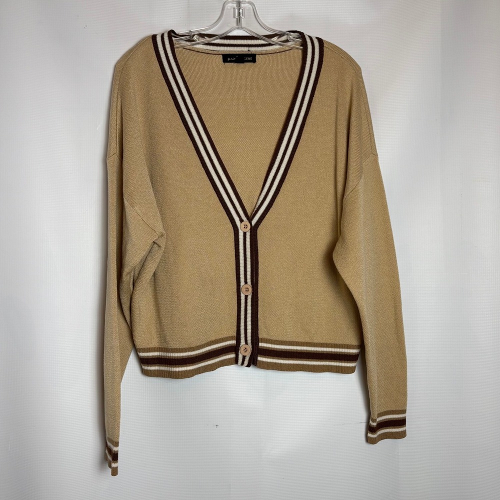 Social Scene Womens Tan Varsity Striped V-Neck Button Front Cardigan Sweater M‎